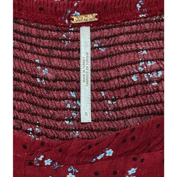 FREE PEOPLE Red Midi IRIS Dress Smocked Square Neck Puff Sleeve Cottagecore S - Picture 9 of 12